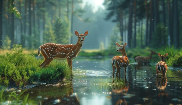A group of deer gathering by the waters edge in a scenic forest, surrounded by lush green plants and towering trees, creating a peaceful natural landscape