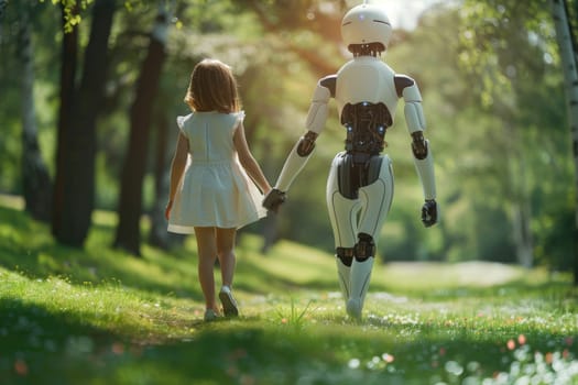 Humanoid robot on a walk with children, Futuristic family and friend concept, Generative AI.