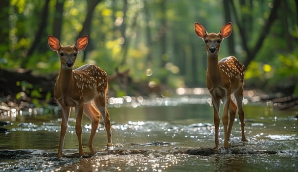 Two deer are grazing by the stream in the lush forest. The serene natural landscape is teeming with life as the terrestrial animals enjoy the cool water surroundings