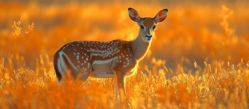 A deer, a terrestrial animal, is standing in a grassland field with tall grass. Its fawn adaptation allows it to blend in with the natural landscape