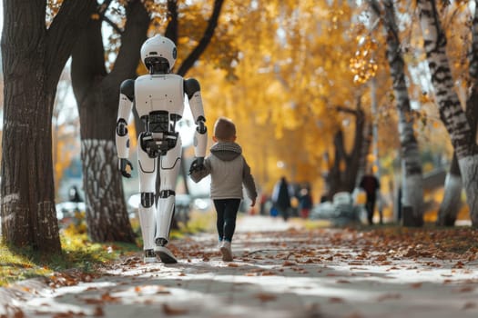 Humanoid robot on a walk with children, Futuristic family and friend concept, Generative AI.