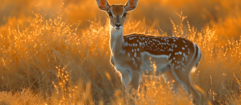 A Vertebrate mammal, the deer, is peacefully standing in the tall grass of its natural environment, a beautiful natural landscape