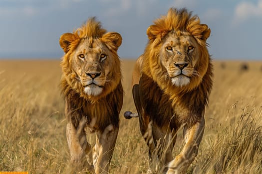 Two big cats from the Felidae family, known as lions, are gracefully running through a grassy Ecoregion together, under the open sky