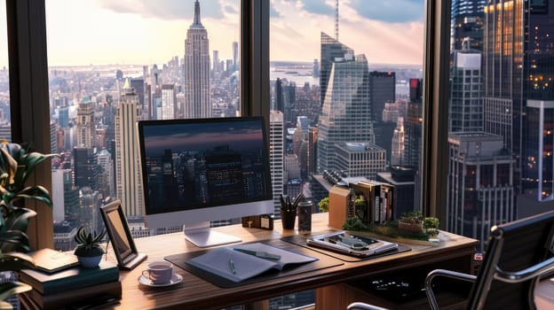 A stylish office desk with beautiful cityscape outside the window, Generative AI.