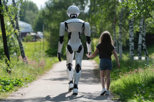 Humanoid robot on a walk with children, Futuristic family and friend concept, Generative AI.