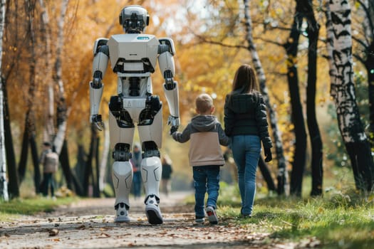 Humanoid robot on a walk with children, Futuristic family and friend concept, Generative AI.