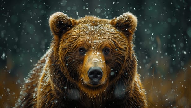 A carnivorous organism, the brown bear, specifically the Kodiak bear or grizzly bear, stands in the snow, its snout raised as it gazes at the camera