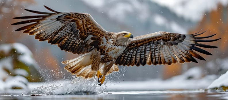 A Bird of prey from the Accipitridae family, known as an eagle, soars gracefully over a body of water with its sharp beak, powerful wings, and sleek feathers under a blanket of clouds