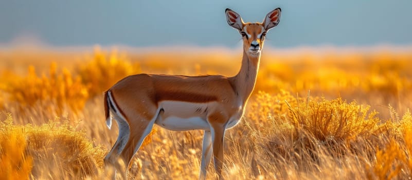 A terrestrial animal, the deer, is found in a grassland ecoregion. It stands in a natural landscape of tall grass, adapting to its plain surroundings while a fawn grazes nearby