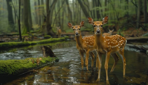 Two deer are wading through the stream in the forest, surrounded by plants and grass. The fluvial landforms of the stream create a serene natural landscape