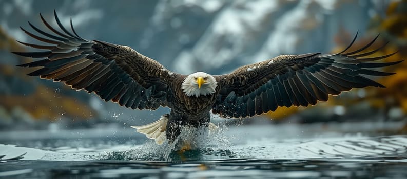 A majestic bald eagle, a sea eagle from the Accipitridae family in the Falconiformes order, soars above the water with its powerful wings and sharp beak