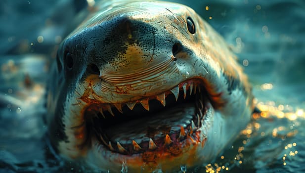 A closeup shot of a shark from the Lamniformes or Carcharhiniformes order, showing its impressive jaw with sharp fangs as it swims in the water