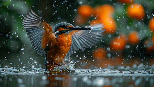A songbird with vibrant feathers is gracefully soaring over the glistening liquid surface, showcasing its fluid movements with each flap of its wings and dive of its beak into the water