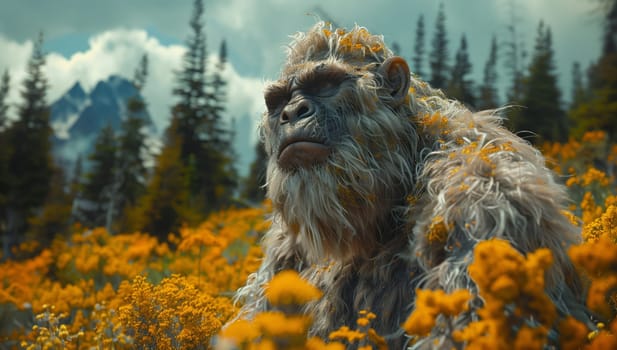 A carnivorous bigfoot is standing in a field of yellow flowers in its natural environment, surrounded by trees, grass, and a cloudy sky