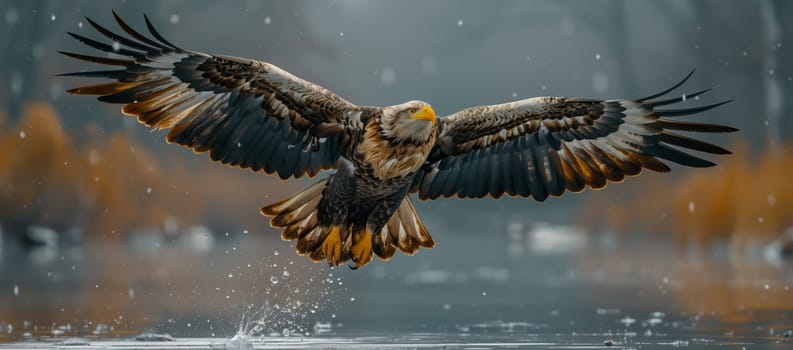An Eagle from the family Accipitridae is soaring gracefully over a body of water, showcasing its powerful wings and sharp beak in its natural habitat