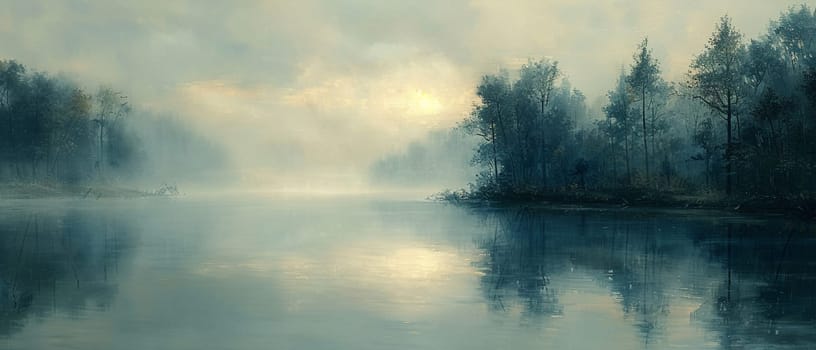 Quiet Morning at a Lakeside Fishing Spot with Mist Rising Off the Water, The soft haze over the water evokes a sense of peace and early-morning solitude.
