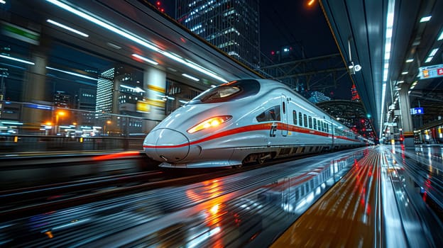 High-Speed Train Departing Station with a Blur of Movement, The streaks of the train convey the speed and connectivity of modern travel.