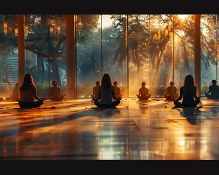 Serene Yoga Class in Session at a Sunlit Wellness Center, The tranquil blur of figures in poses against the morning light emphasizes balance and harmony.