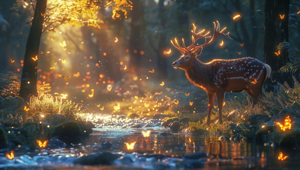 A deer gracefully stands in the heart of a forest, beside a tranquil stream. This serene natural landscape would make a beautiful painting