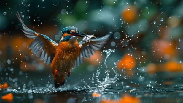 An Accipitridae bird is soaring over liquid with a fish in its beak. Ducks, geese, and swans watch as the bird gracefully maneuvers with its prey