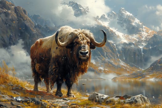 A yak with a snout is grazing in the grassland near a lake surrounded by mountains. Clouds hover over the natural landscape, creating a picturesque atmospheric phenomenon