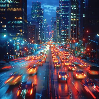 Nighttime City Traffic with Streaks of Headlights and Streetlights, The motion blur of lights suggests the pulse and flow of urban life after dark.