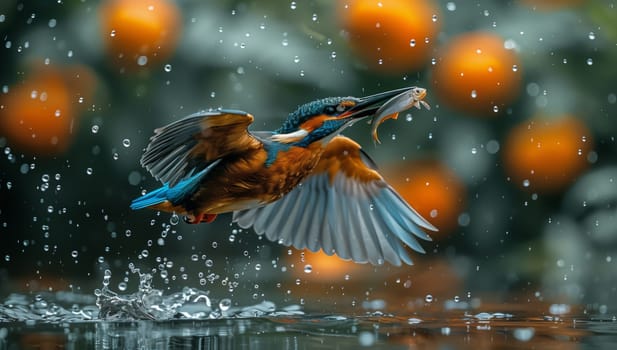 A water bird is soaring over a liquid surface with a fish gripped in its beak. Nature enthusiasts can observe the organism gliding gracefully with its feathered wings