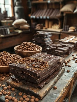 Rustic Chocolate Factory Workshop Amidst Sweet Aroma, Soft focus on artisan tools and chocolate pieces alludes to the craftsmanship in confectionery.