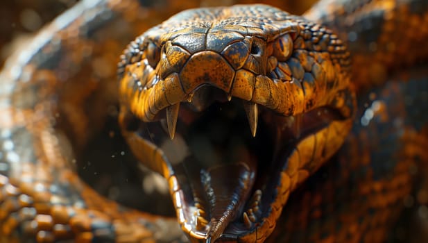 A close up of a reptile with its jaws open, revealing sharp fangs. This terrestrial animal is a potential pest in some areas. Watch out for its menacing snout
