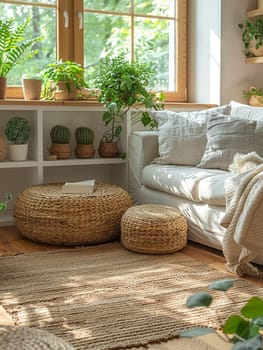 Sustainable Living Showcased in Bright, Eco-Friendly Home Interior, Blurred green plants and eco-decor suggest an environmentally conscious lifestyle.