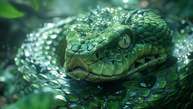 A closeup of a green reptiles eye in the jungle, resembling a crocodile or alligator. The terrestrial animal blends in with the terrestrial plants and water