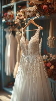 Elegant Bridal Boutique with Soft Focus on Gowns and Accessories, The hazy outlines of wedding attire suggest dreams and preparations for a special day.