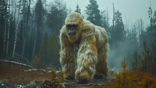 A terrestrial animal with a powerful snout, the large gorilla, traverses a foggy forest filled with towering trees and dense vegetation