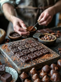 Rustic Chocolate Factory Workshop Amidst Sweet Aroma, Soft focus on artisan tools and chocolate pieces alludes to the craftsmanship in confectionery.