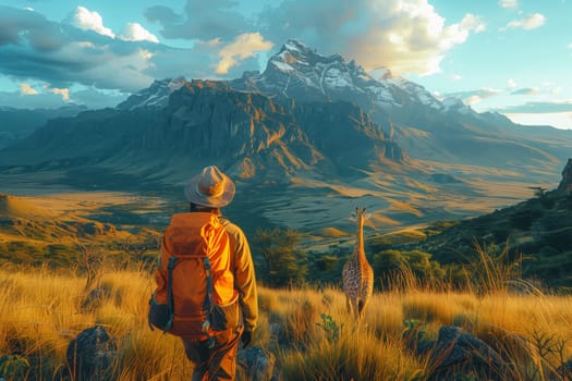 A man with a backpack is surrounded by a natural landscape, standing in a grassland field and admiring the mountain under a sky filled with clouds