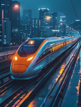 High-Speed Train Departing Station with a Blur of Movement, The streaks of the train convey the speed and connectivity of modern travel.