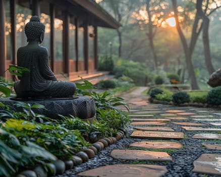 Peaceful Yoga Retreat in Nature with Soft Edges of Serenity, The gentle blend of nature and poses suggests the pursuit of wellness and mindfulness.