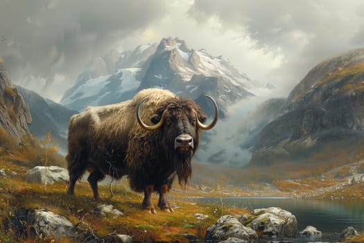 A painting of a bull bison in a mountain ecoregion, with water, clouds, and natural landscapes in the background, showcasing the majestic horned terrestrial animal in its natural habitat