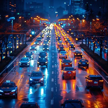 Nighttime City Traffic with Streaks of Headlights and Streetlights, The motion blur of lights suggests the pulse and flow of urban life after dark.