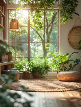 Sustainable Living Showcased in Bright, Eco-Friendly Home Interior, Blurred green plants and eco-decor suggest an environmentally conscious lifestyle.