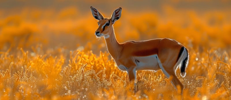 A deer, a terrestrial animal, is standing in a grassland ecoregion, surrounded by tall grass in its natural environment. The deers snout is raised as it grazes in the plain