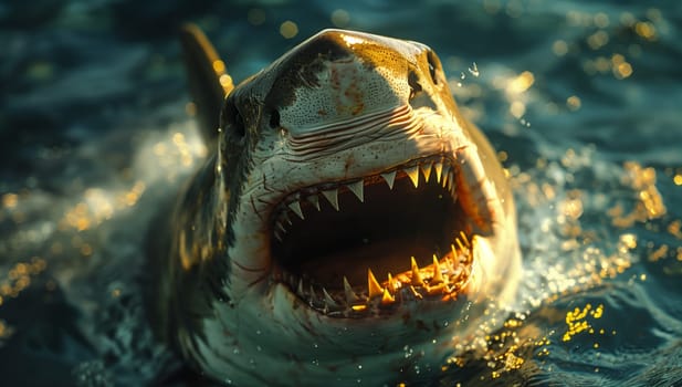 A great white shark, a marine mammal with sharp fangs, is swimming happily in the water with its jaw open, showcasing its impressive predatory behavior