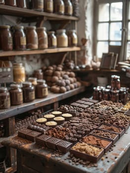 Rustic Chocolate Factory Workshop Amidst Sweet Aroma, Soft focus on artisan tools and chocolate pieces alludes to the craftsmanship in confectionery.