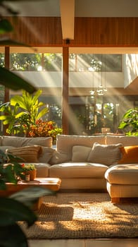 Sustainable Living Showcased in Bright, Eco-Friendly Home Interior, Blurred green plants and eco-decor suggest an environmentally conscious lifestyle.