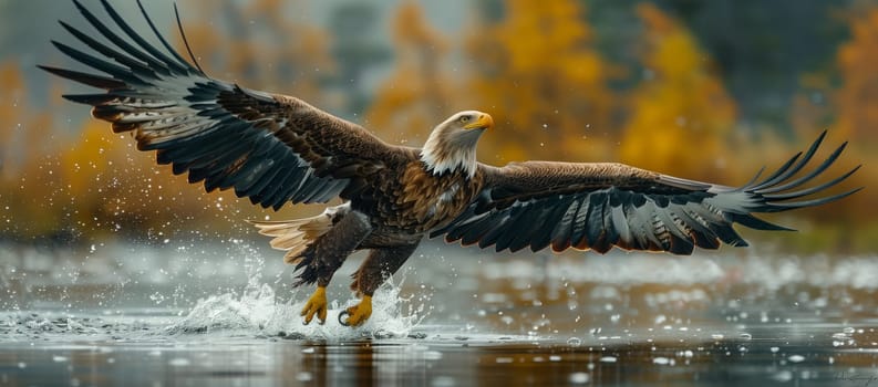 An Accipitridae bird, specifically a bald eagle of the Accipitriformes order, is soaring over a body of water with its wings spread wide