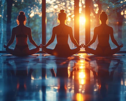 Serene Yoga Class in Session at a Sunlit Wellness Center, The tranquil blur of figures in poses against the morning light emphasizes balance and harmony.