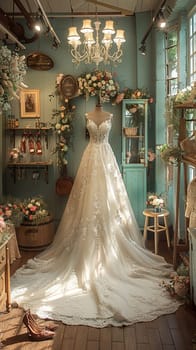 Elegant Bridal Boutique with Soft Focus on Gowns and Accessories, The hazy outlines of wedding attire suggest dreams and preparations for a special day.