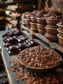 Rustic Chocolate Factory Workshop Amidst Sweet Aroma, Soft focus on artisan tools and chocolate pieces alludes to the craftsmanship in confectionery.