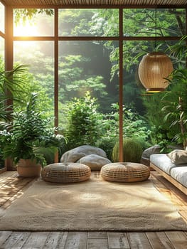 Sustainable Living Showcased in Bright, Eco-Friendly Home Interior, Blurred green plants and eco-decor suggest an environmentally conscious lifestyle.