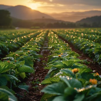 Morning Dew on Fresh Organic Farmland at Sunrise, A serene, blurred landscape of sprawling farmland signifies a new day in sustainable agriculture.